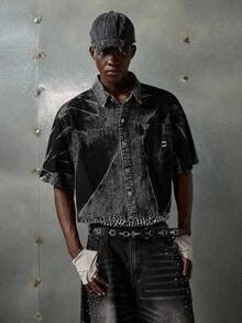 NEON BLANC 男士夏季时尚街头刺绣拼布口袋水洗牛仔衬衫 - 黑色 - 查看 4