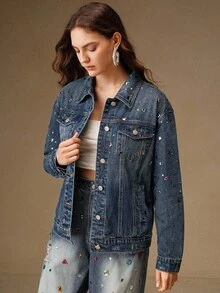 Anewsta Fashionable Rhinestone Embellished Denim Jacket For Women, Blue - Blue - View 7