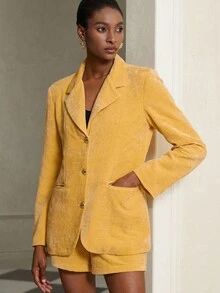 GENKIRA 黄色雪尼尔纯色通勤西装外套和短裤两件套 - 黃色 - 查看 2