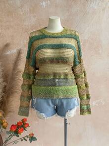 Soleia Frauen Große Größen Farbverlauf gestreifter Pullover mit Ausschnitten, Rundhalsausschnitt, Langarm, Herbst Winter Kleidung für Frauen - Verschiedenfarbig - Übersicht 7