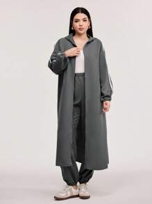 Veilorie 2 件套女士运动休闲拼色拉链连帽夹克和抽绳裤套装，秋季 2 件套 - 灰色 - 查看 5