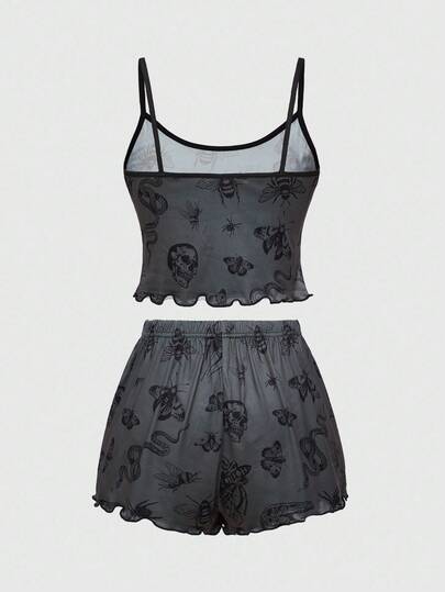 Goth Dark Gothic Moth Print Camisole & Shorts Pajama Set, Casual Sleepwear