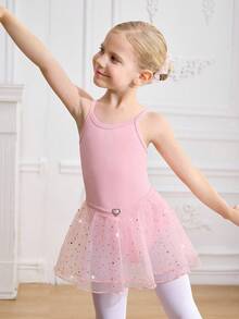 SHEIN Young Girls Pink Ballet Tutu Activewear, Young Girl Netted Sequin Puff Hem Leotards For Dance Competition 4-Way Stretch High Stretch Children Ballet Dance Cute Sequin Puff Skirt Children Sports Fall Winter - Baby Pink - View 3
