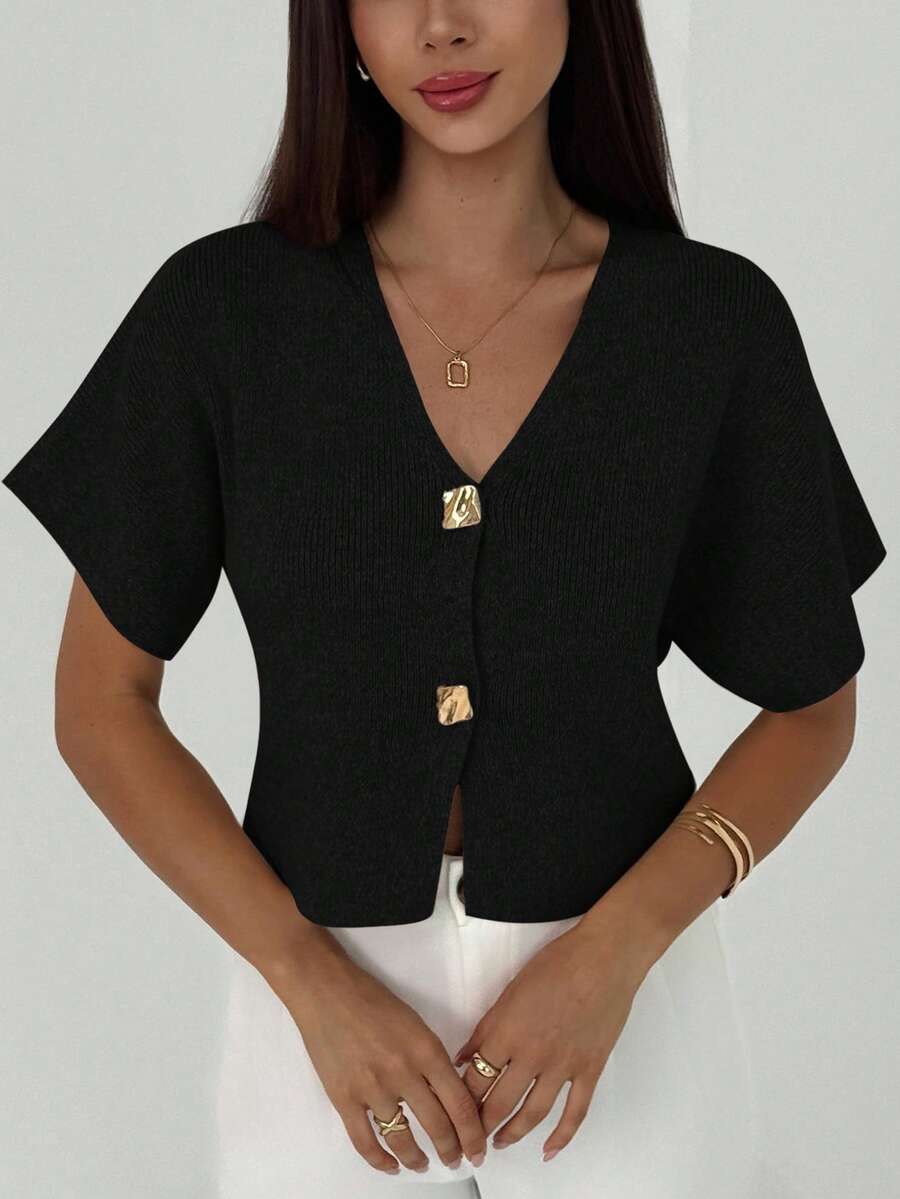 Aloruh 新款简约时尚通勤深V领短袖修身双扣开衫，休闲百搭