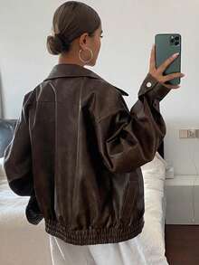 DAZY 女士秋季PU下摆宽松休闲夹克皮夹克 - 棕色 - 查看 2