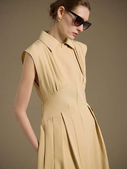 Ontre 2025 秋冬新款优雅浪漫都市时尚百搭办公室通勤商务休闲连衣裙，适合婚礼嘉宾、派对、音乐会、早午餐、机场、日常时尚，卡其色领子，前拉链，腰部褶皱，喇叭形下摆，女装，适合万圣节、圣诞节优雅知性的女性婚礼嘉宾礼服套装和美丽的法式休闲高端知性优雅老钱风格巡航服装度假装四季