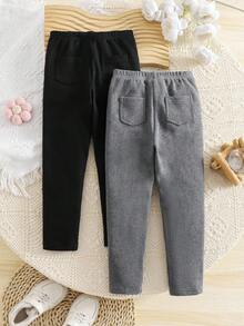 SHEIN LMoss Kids 女童休闲百搭针织保暖内衬弹力腰纯色打底裤 儿童打底裤 冬季女童打底裤 女童冬季裤装 保暖内衬打底裤 秋季保暖打底裤 - 灰色 - 查看 3