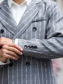 Manfinity Bizformal Men's Casual Commuter Striped Mandarin Collar Double-Breasted Suit Jacket, Autumn Sumwon Flannel - Grey - View 3