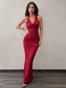 SHEIN Unity Vestido Tomara-que-Caia Preto Frente Única Ajustado Sereia, Traje de Festa - Vinho - Visão 4