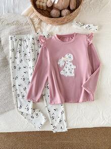 Genkimix Kids 2pcs/Set Toddler Girls' Cute Floral Print Long Sleeve Top And Pants Casual Elegant Pajamas Girl Pajama Set Girls Pajama Set Kids Pj Set Girl Girls Lounge Set Bunny Pajama Set Christmas Fall Winter