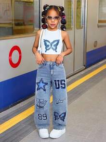 Y2K 秋季少女休闲高腰星形印花+白色手绘蝴蝶字母印花宽松直筒牛仔裤，休闲街头风运动秋季运动风，酷女孩日常穿搭，秋季返校季冬季 - 淺色水洗藍 - 查看 6