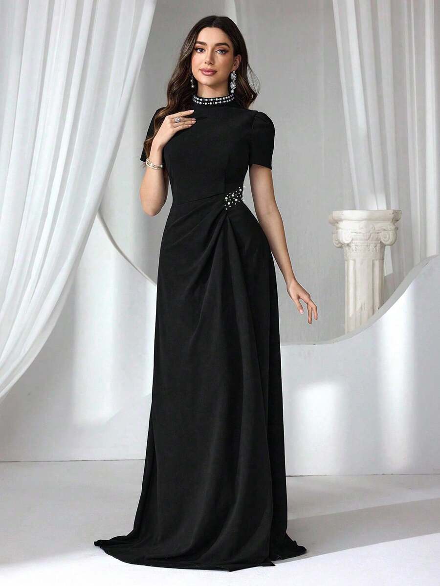 Coutiva Vestido de noche formal para mujer (con adornos pesados), vestido negro