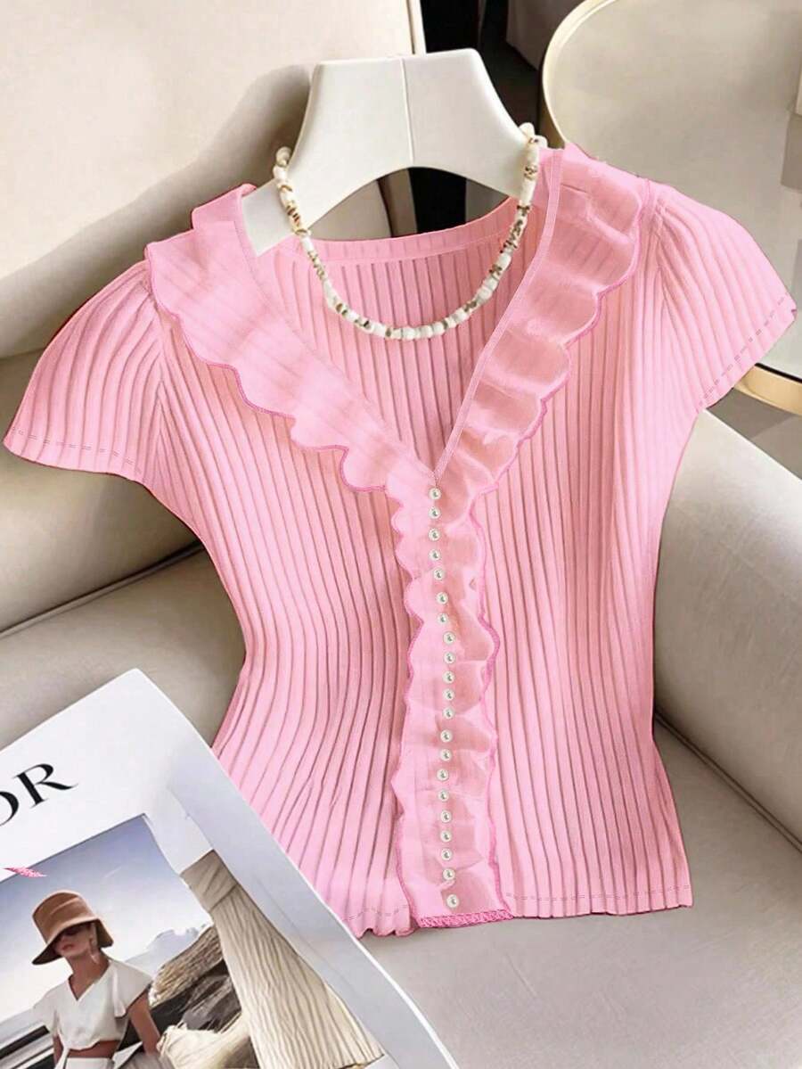 Qadelle Women's Solid Color Ruffle V-Neck Ribbed Short Sleeve Elegant T-Shirt