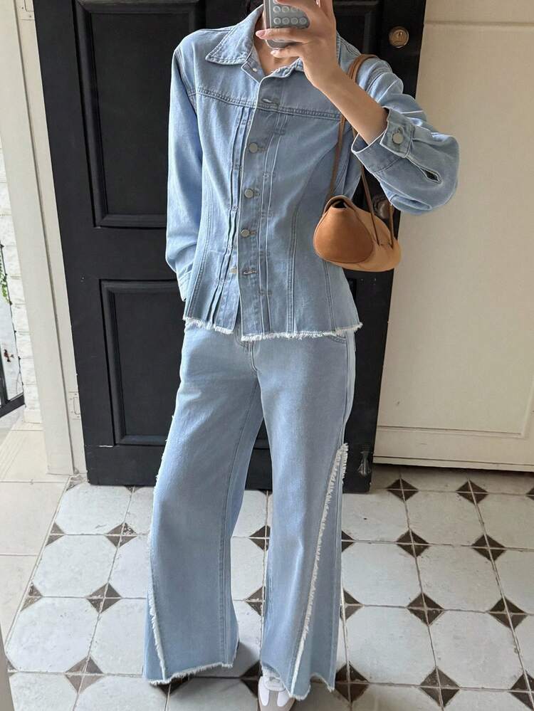 Women's Denim Collared Long Sleeve Cinched Waist Frayed Hem Cardigan And Flared Frayed Hem Pants 2 Pieces Casual Elegant Denim Set