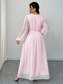 Elenzga 大码女式优雅、浪漫、甜美休闲圆领长袖雪纺飘逸长裙，春秋季 - 粉色 - 查看 2