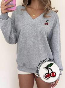 SHEIN EZwear 女士 V 领超大可爱樱桃刺绣图案宽松休闲运动衫，适合街头风格、户外穿着、秋冬季 Y2K