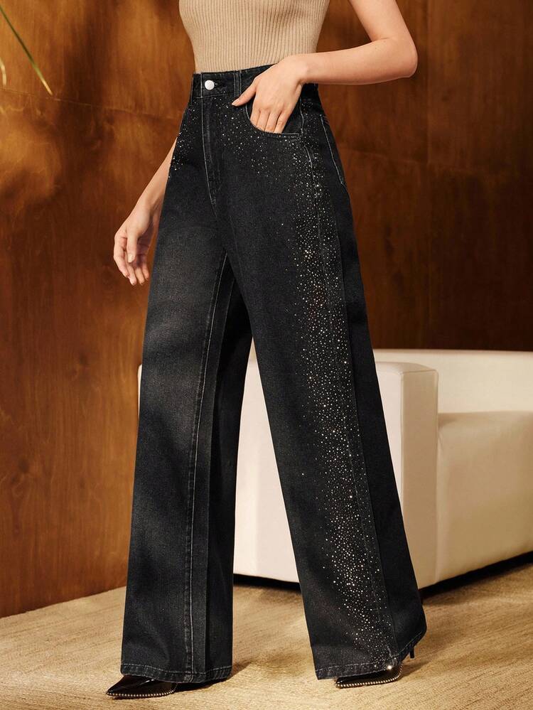 Women's New Rhinestone Embellished Black Straight Leg Jeans, Valentine's Day Edition