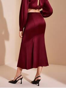 JIAN LASALA Mid-Waist Flared Midi Satin Skirt With High Slit Women Autumn Elegant Party New Year Outfits Wedding Guest Luxury Stylish Clothing Collection - Burgundy - View 1