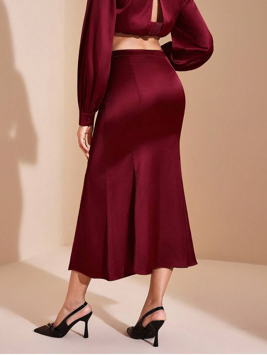 JIAN LASALA Mid-Waist Flared Midi Satin Skirt With High Slit Women Autumn Elegant Party New Year Outfits Wedding Guest Luxury Stylish Clothing Collection - Burgundy - View 1