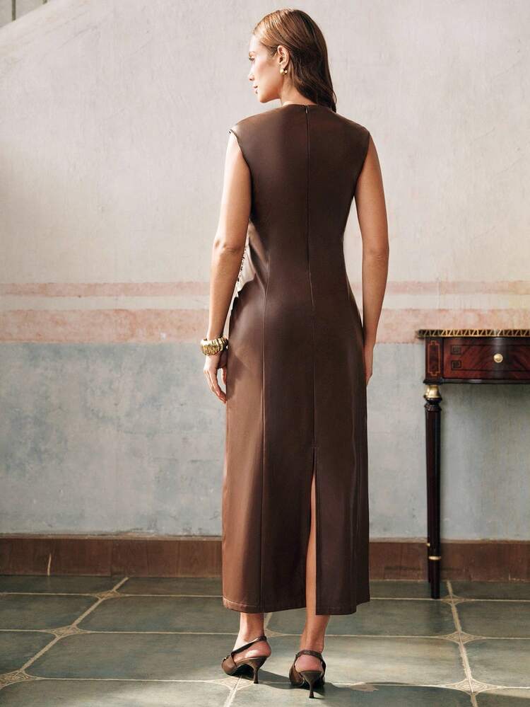 Elegant Autumn/Winter Brown Round Neck Pleated Cross Front Fitted Waist Long Faux Leather Dress