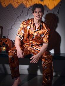 CoupledUp Halloween Themed Print Faux Silk Men Pajama Set - Orange - View 2