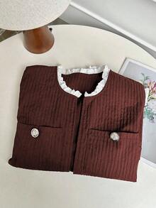 Franclia Áo khoác cổ tròn thêu ren cổ điển, chắp vá, phù hợp cho mùa thu/đông - Gỗ đỏ - Xem 3