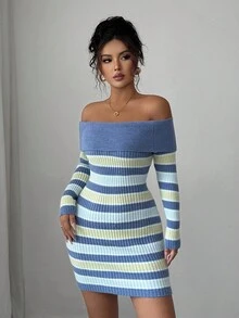 Selianne Multicolor Striped Off Shoulder Long Sleeve Striped Waist Fitted Elegant Romantic Knit Dress For Women - Multicolor - View 5