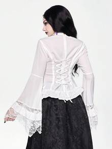 ROMWE EDITION Gothic Dark Style Lace Bell Sleeve Hem Women Blouse, Suitable For Halloween