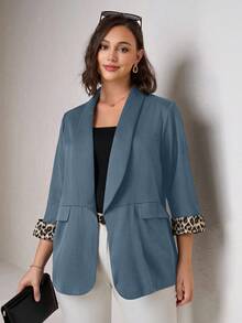 SHEIN Clasi Plus Size Women's Blazer Jacket With Leopard Print Contrast Cuffs, Elegant For Daily, Business And Commuting Wear In Fall/Winter - Dusty Blue - View 4