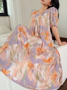 DAZY Floral Print Lightweight Women's Round Neck Short Sleeve Nightgown Pajama