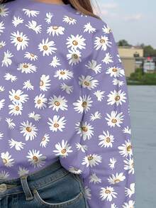 SHEIN Floral Pattern, Tween Girl Casual Loose Fit Crew Neck Comfortable Long Sleeve Sweatshirt,In Fall/Winter - Multicolor - View 3