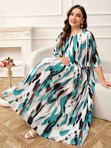 Reflora Plus Size Apricot Floral Print Elegant Lady Chiffon Ruffle Graceful Summer Dress - Multicolor - View 6