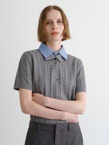 女式格子拼布针织毛衣 - 藏蓝色 - 查看 11