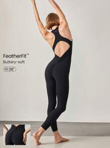 GLOWMODE 24" FeatherFit™ Scrunch Butt Cutout Racerback Active Bodysuit Jumpsuit Low Impact Yoga Daily Removable Cups - Black - View 1