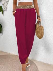 SHEIN LUNE Pantalones bombachos de talle alto con adornos metálicos para mujeres - Burdeos - Ver 1