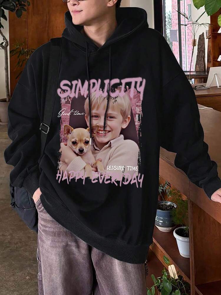 Men's Black Fleece Hoodie With Person & Pet Dog Graphic And Letter Print, Autumn,Winter