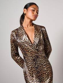 COSMINA Women's Leopard Print Lapel Collar Long Sleeve Elegant Mid-Length Dress Leopard Print Blazer Dress Blazer Dress For Women - Multicolor - View 5