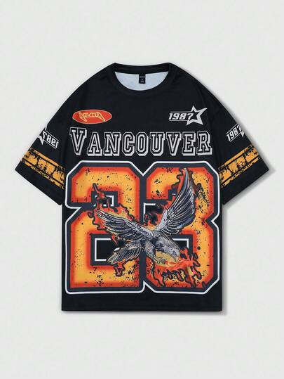 Street Life Unisex Retro American Style Eagle Number 23 Gradient Print Short Sleeve T-Shirt