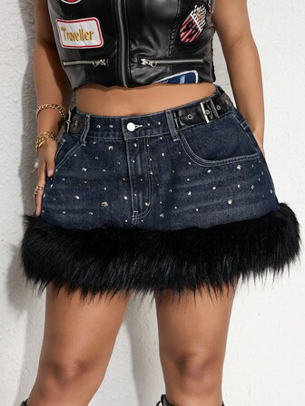 Grunge Punk Große Größen Punk Stil Nieten Patchwork Fransensaum Jeans Mini Rock