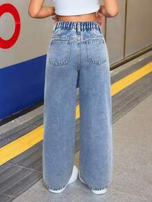 Y2K 秋季少女休闲高腰星形印花+白色手绘蝴蝶字母印花宽松直筒牛仔裤，休闲街头风运动秋季运动风，酷女孩日常穿搭，秋季返校季冬季 - 淺色水洗藍 - 查看 2