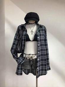 Elamini Vintage Plaid Loose Fit Shirt For Women, Fashion & Versatile, Autumn/Winter - Multicolor - View 3