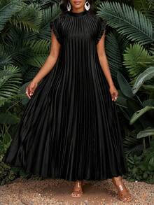 SHEIN Lady 加大码春夏秋冬优雅派对婚礼酒会波西米亚风沙滩褶皱立领编织荷叶边 A 字裙 - 黑色 - 查看 3