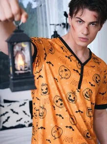 CoupledUp Halloween Funny Pumpkin Print V-Neck Contrast Color Block Men Casual Sleepwear Set - Orange - View 2