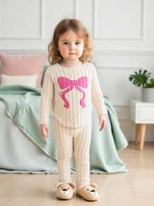 SHEIN Playful Pals 6件套可爱女婴春秋罗纹面料蝴蝶结印花/蝴蝶结印花/纯紫红色长袖弧形下摆T恤和修身裤休闲时尚装 - 彩色 - 查看 5