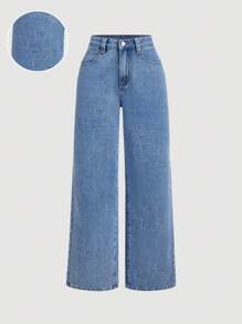 SHEIN MOD Jeans rectos de pierna casual de mujer con bordado de corazón lavado - Azul - Ver 1