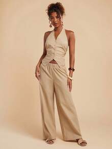 Travachic Completo casual da donna composto da top con collo alla coreana e pantaloni plissettati, monocolore, due pezzi - Cachi - Visualizzare 4