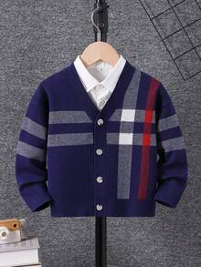 男童时尚格纹针织开衫长袖秋冬