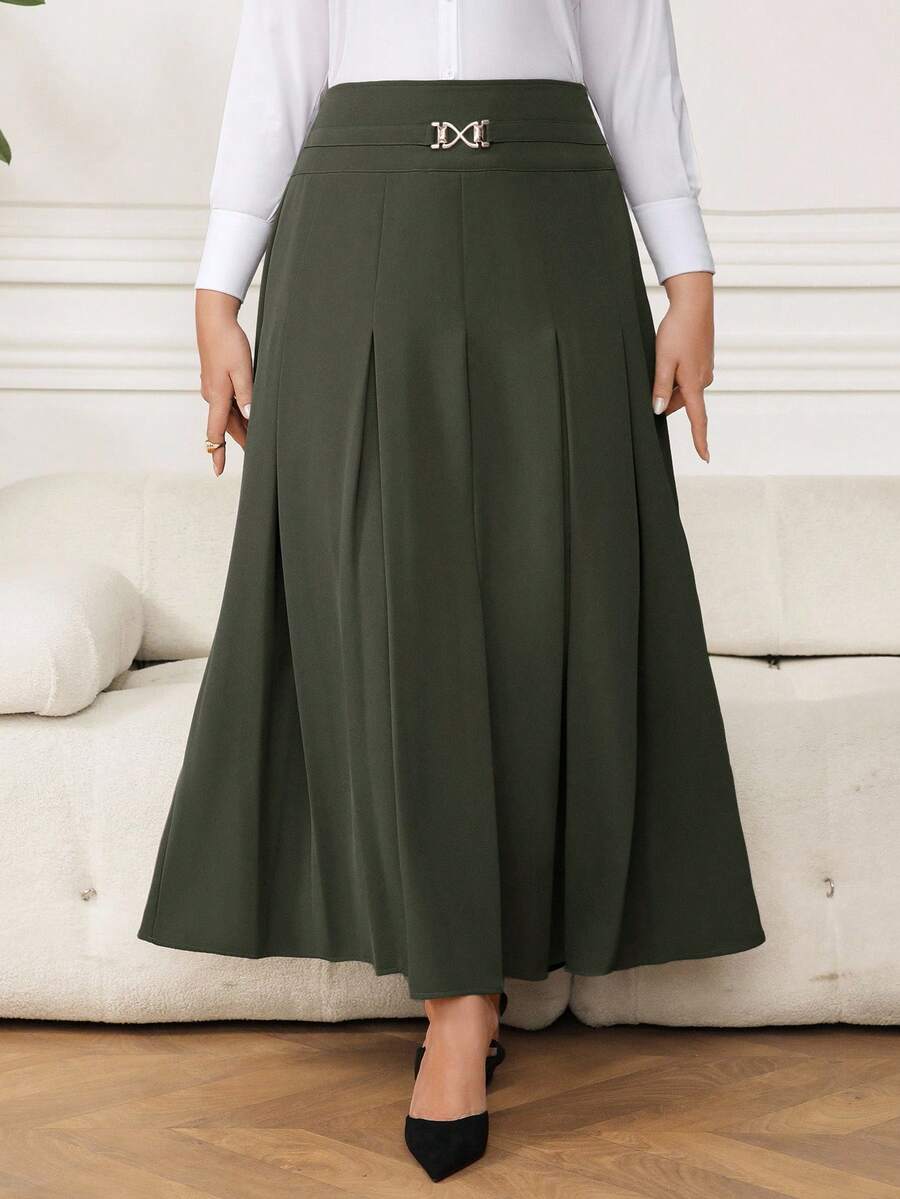 Modelyn Falda elegante de oficina con pliegues y decoración metálica, talla grande y unicolor - Verde militar - Ver 1