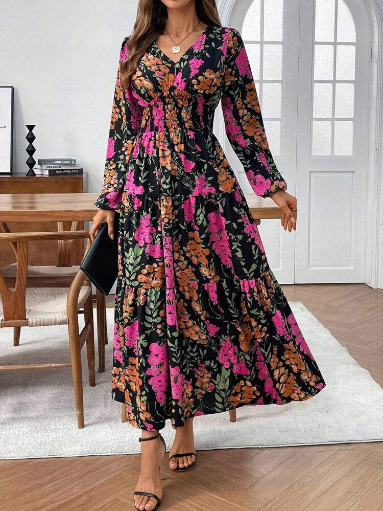 Women's Vacation Plant Print Shirred Lantern Sleeve Waist Drawstring Side Slit Hem Elegant Dress
