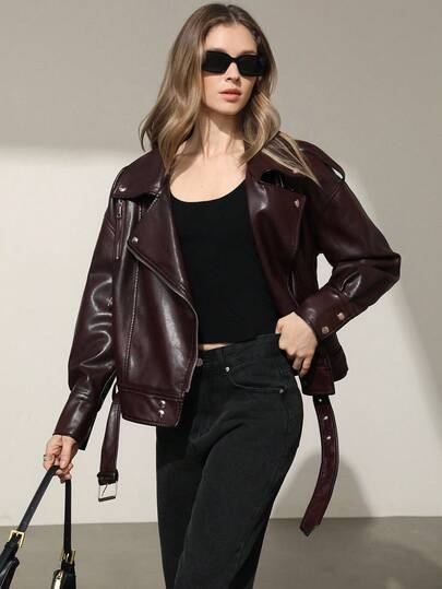 Aveloria Modichic 女式时尚百搭仿旧效果金属拉链仿皮机车夹克